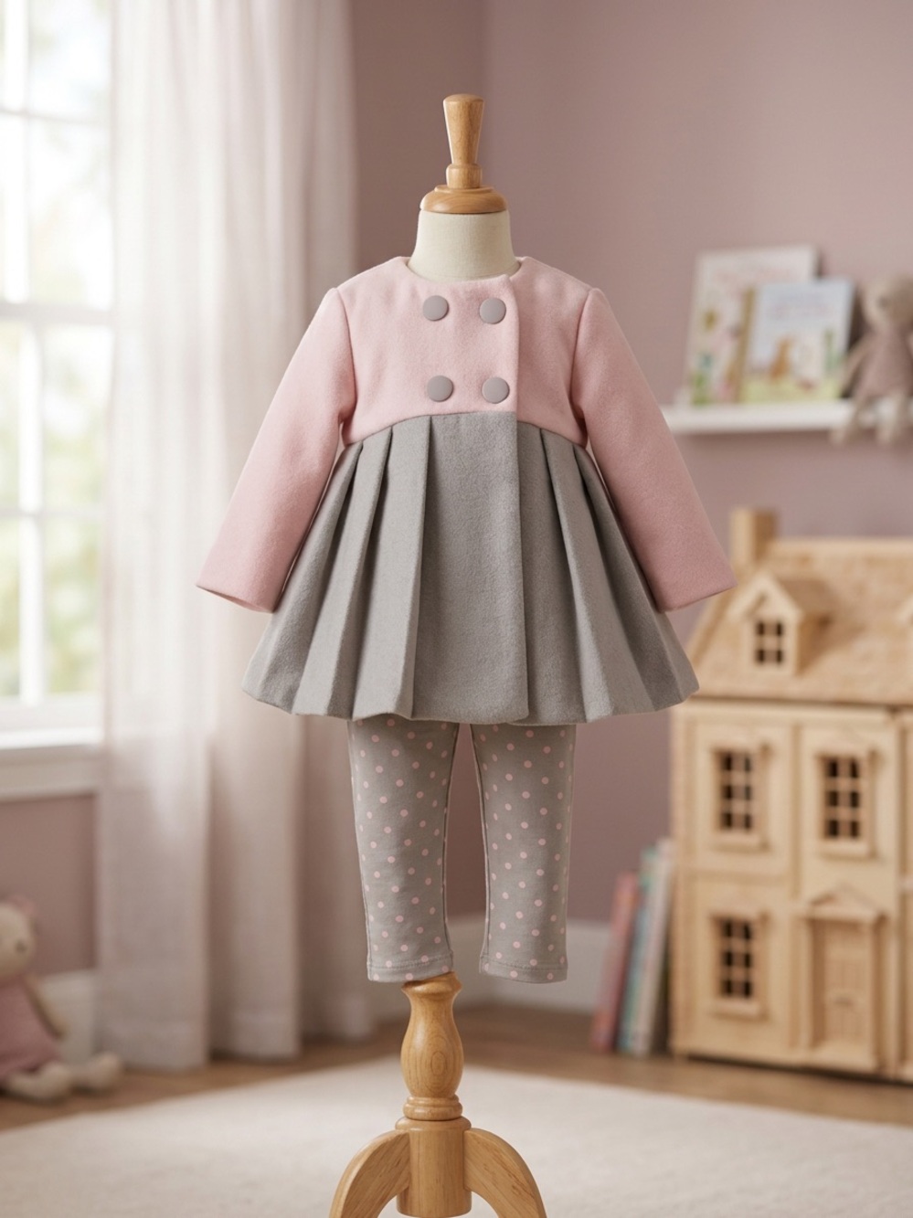 Tahari baby Pink and Gray Pleated Double-Breasted Coat and Polka Dot Pants